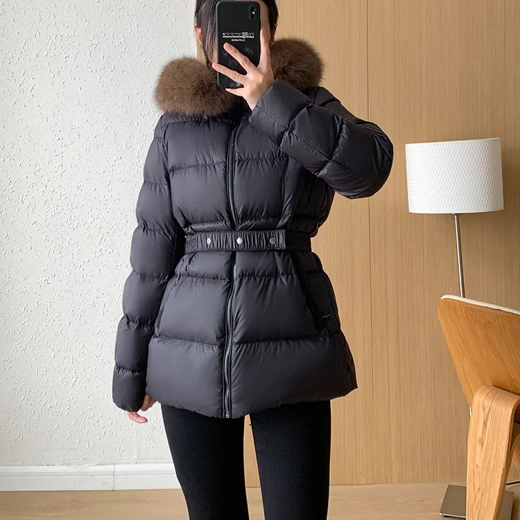 Winter New European Down Coat Women Short White Duck Down Thick Fleece Collar Waist Fit Windproof Hooded Coat