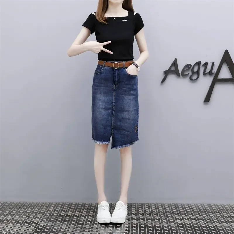 

Coquette Midi with Pocket Jeans Skirts for Women Zipper To Knees Length High Waist Blue Chubby Woman Denim Skirt Sexy Modest V