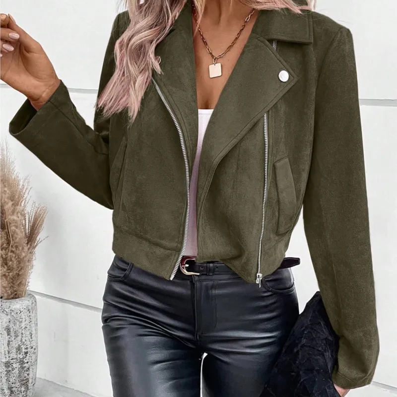 

Winter Slim Fit Short Lapel Zipper Coat Casual Solid Color Long Sleeved Jacket With Pockets Slim Fit Top New Vestes Femmes