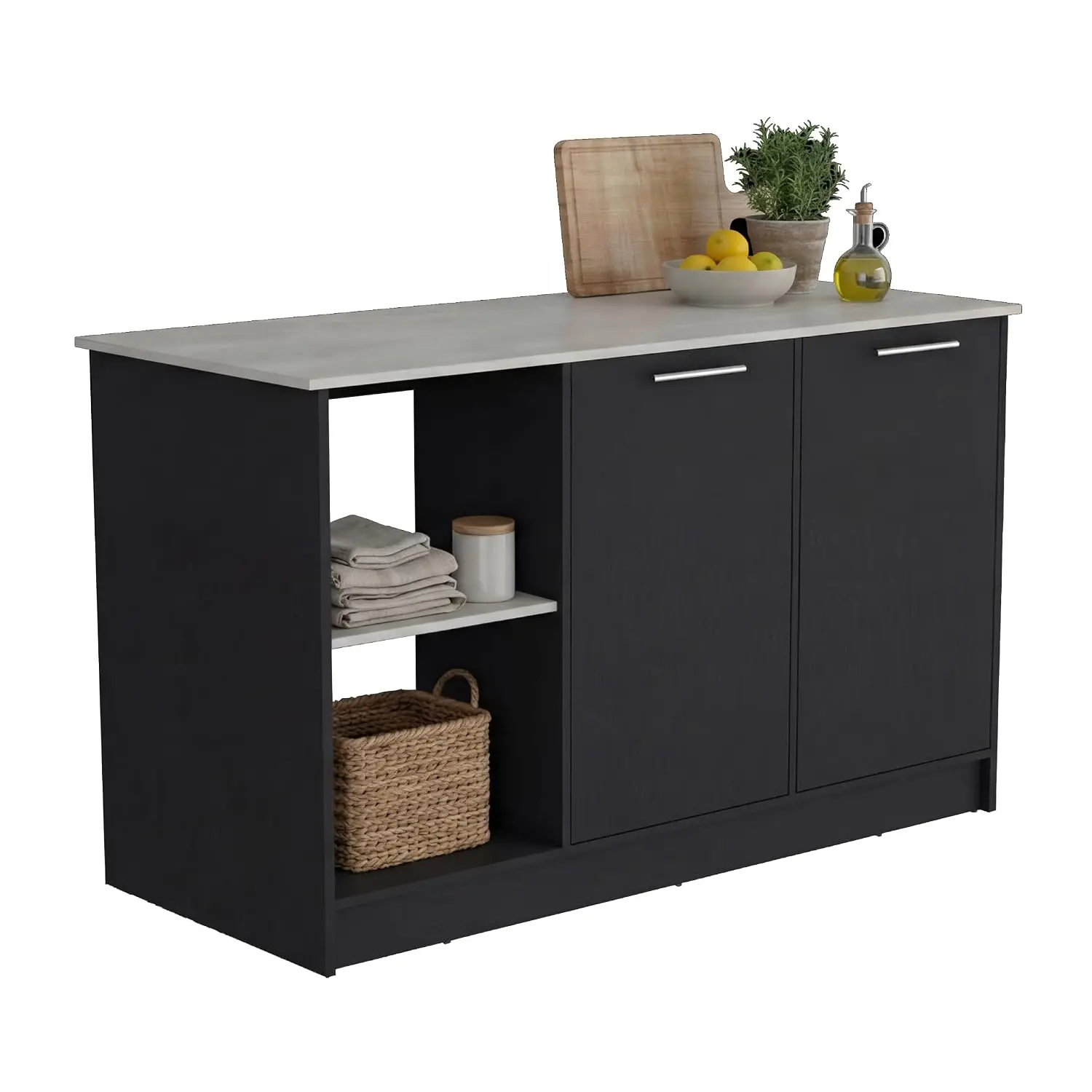 Kitchen Island Storage 2 Doors 2 Shelves Open Shelf Counter Height 59x25.2x35.4 In Black Marble, Customized