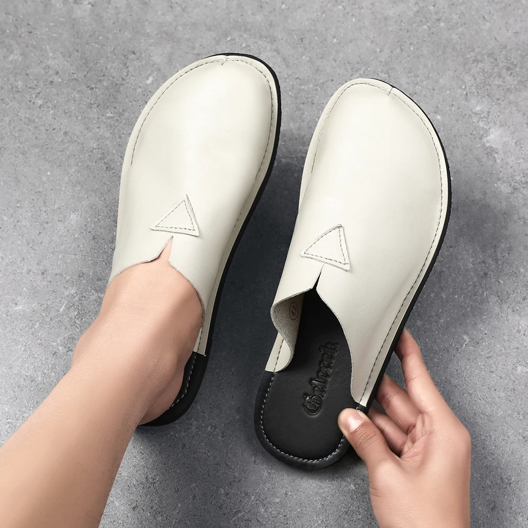 White Leather Half Shoes for Men Mules Semi-Drag Loafers Slippers Open-back Casual Shoes Slides Sandal Backless Slip On Flats