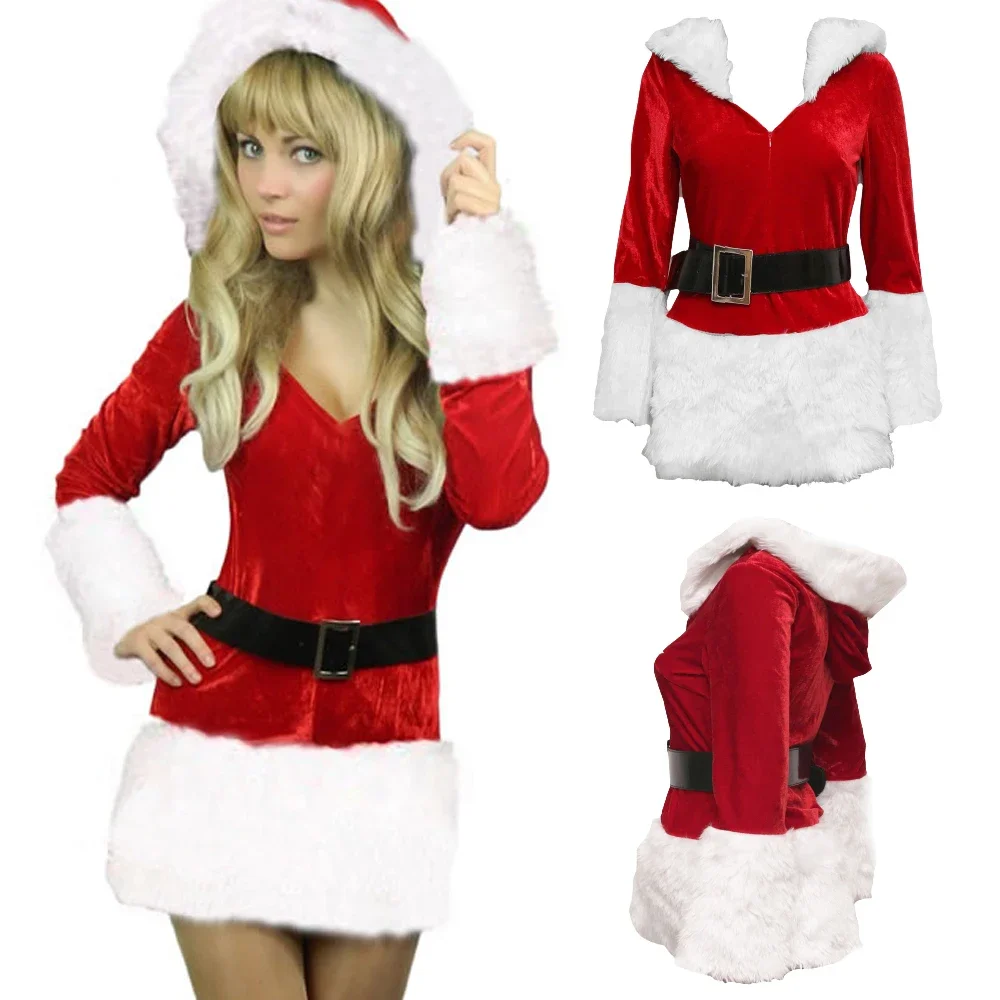 Women's Christmas Santa Costume Solid Color Long Sleeve Plush Trim Mini Hooded Dress Lady Santa Clau Waistbelt Cosplay Dresses