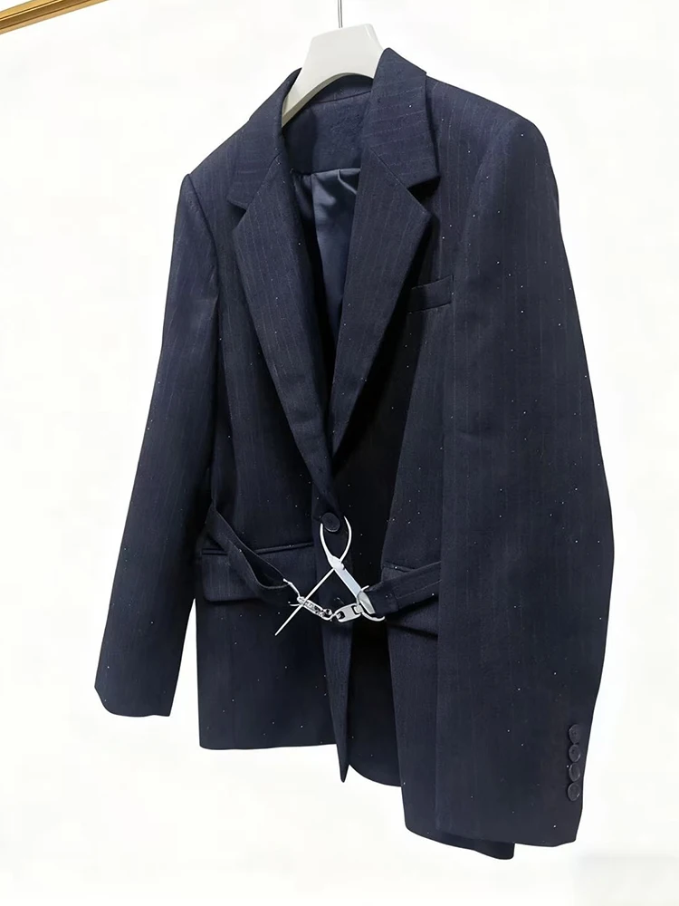 

Высококачественный модный блейзер в полоску с украшением в виде бриллиантов, женское темпераментное однобортное пальто с длинными рукавами, женское