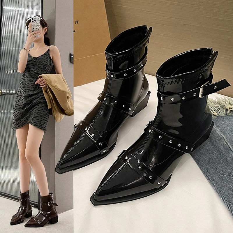 

Women's Mid-calf Boots Studded Zipper Pointed Toe Chelsea Boots Thick Heel Leisure Fashion Middle Follow Botines Para Mujeres