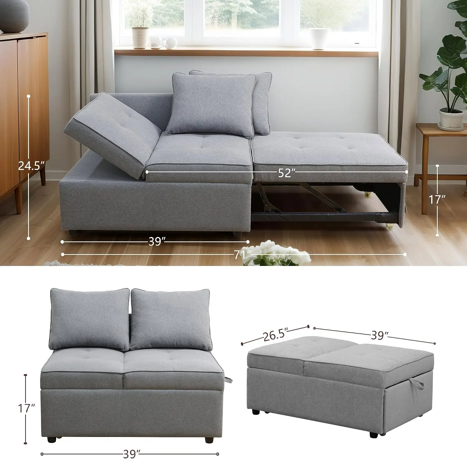 4-in-1 Convertible Sleeper Sofa, Ottoman Couch Bed, Modern Sackcloth Futon Sofa Bed with Adjustable Backrest & 2 Pillows, Folding Recliner Loveseat for Apartment, Dorm, Office, Living Room, Grey