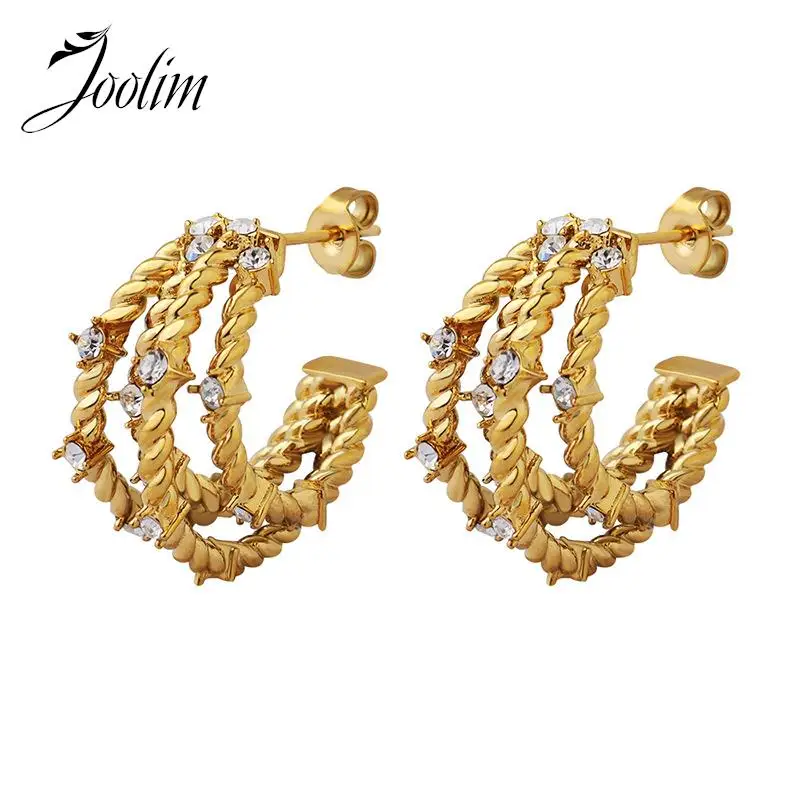 

Joolim Jewelry Wholesale Tarnish Free Korean Fashion Summer Designer Zircon Four Layers C Hoop Stainless Steel Earring