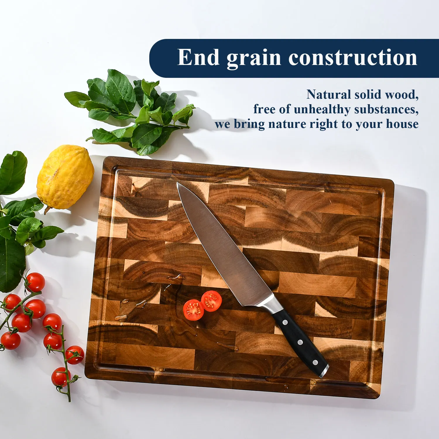 

16 inch End Grain Acacia Wooden Chopping Board Serving Board Cutting Board Carving Board for Turkey, Meat, BBQ With Juice Groove
