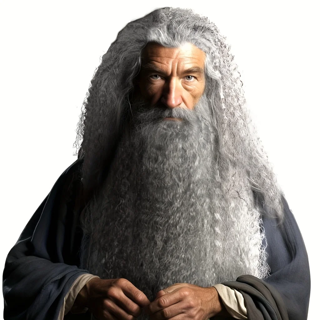 Gray Wizard Beard and Wig - Adult Halloween Funny Father's Day Synthetic Fiber Wig Set