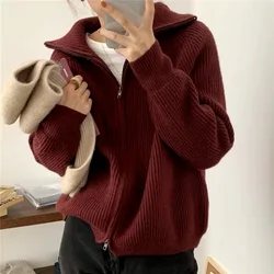 Lazy Style Double Zipper Turn-down Collar Solid Color Sweater Autumn and Winter New Loose Knit Cardigan Jacket