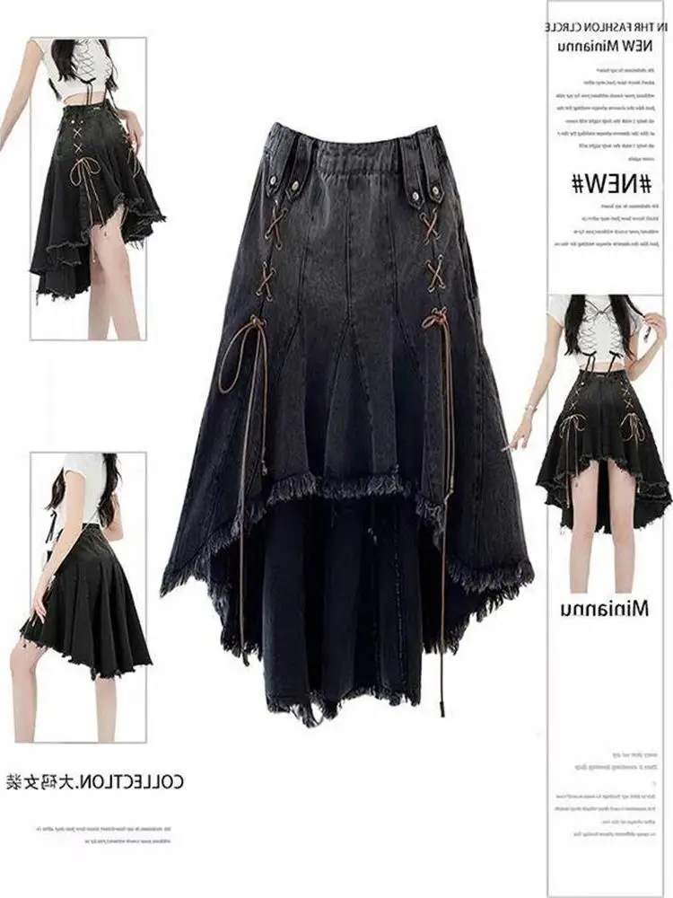 

Модная джинсовая юбка-миди с асимметричным кроем и эффектом тай-дай в стиле ретро с кружевной отделкой, новинка лета