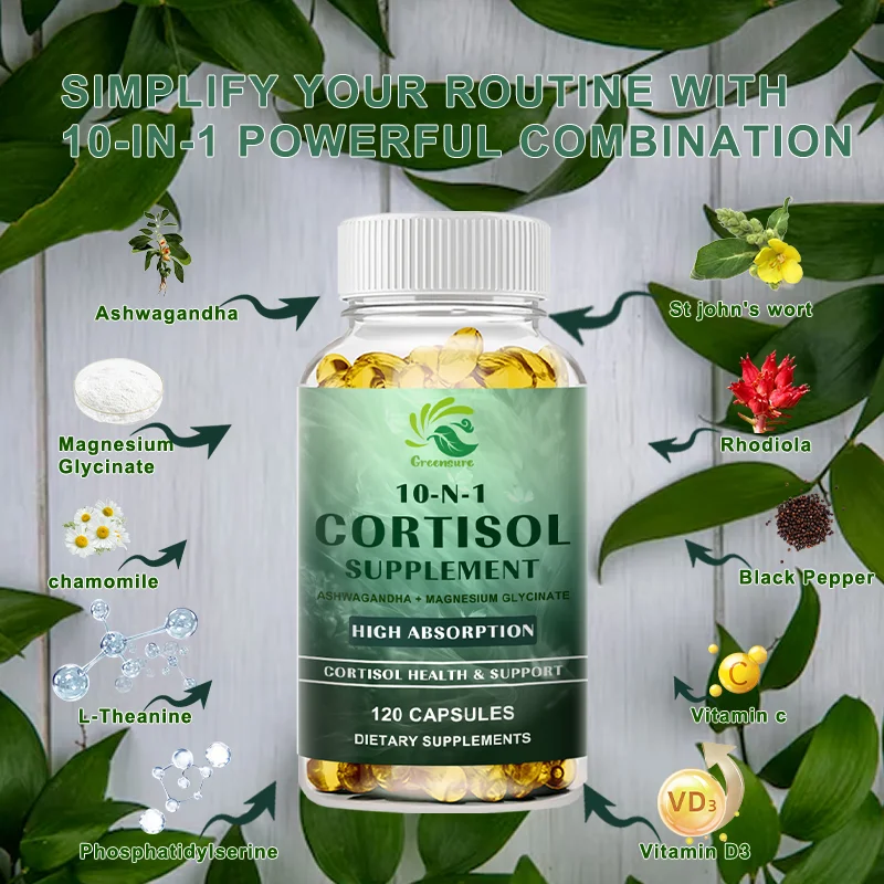 GREENSURE 10-IN-1 強力な組み合わせコルチゾール サプリメント – ストレス軽減、バランスの取れたコルチゾール応答、リラクゼーション、深い睡眠
