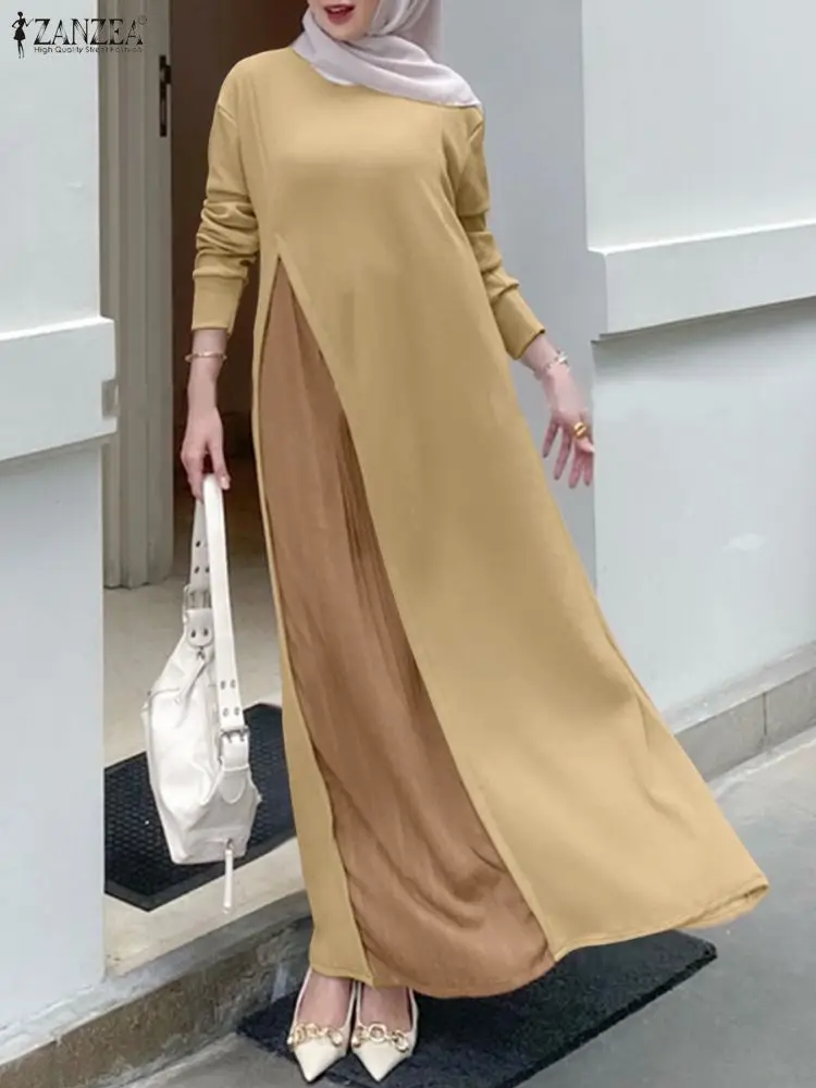 

ZANZEA, осеннее элегантное вязаное платье с длинными рукавами, макси-халат, женские лоскутные платья, мусульманский халат Абая, женский плиссированный сарафан
