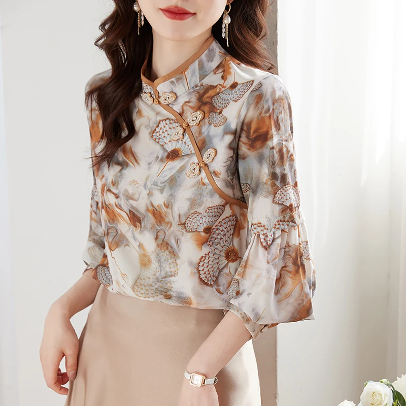 Vintage Chinese Style Printed Satin Silk Shirts Women Blouses Casual Slim Stand Button Long Puff Sleeve Cheongsam Shirt Tops