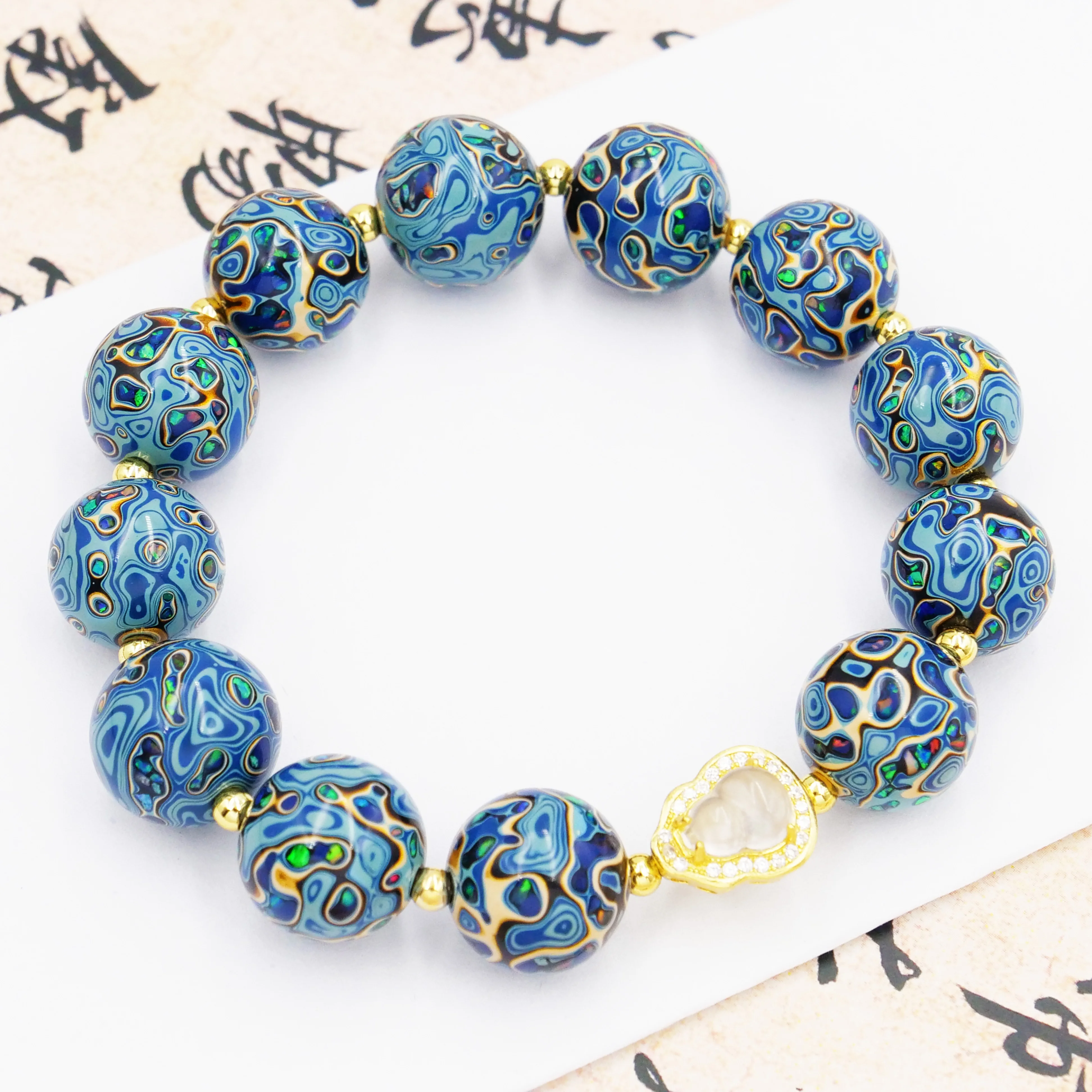 Blue lacquer bead bracelet, high quality copper electric gold plated, intangible cultural heritage, handmade