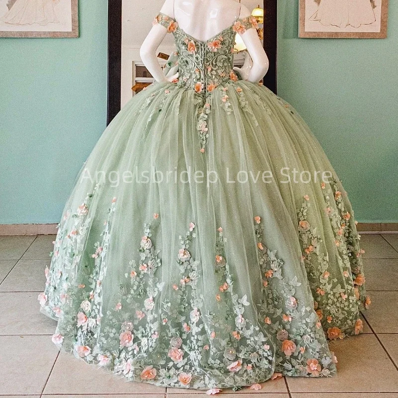 Angelsbridep-Vestido De princesa verde salvia para quinceañera, Vestido De baile con hombros descubiertos, Apliques De encaje con cuentas, Tull dulce 16, 15 Años