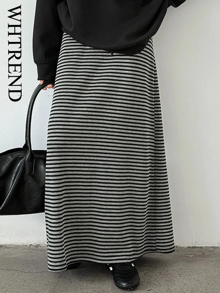 

WHTREND Casual High Waist Drawstring Midi Skirt Autumn New Draped Striped Split Long Skirts WH1520