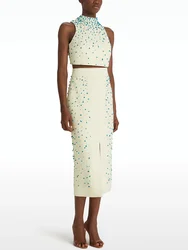 HIGH STREET Newest Fashion 2026 Designer Runway Suit Set Women's Beaded Halter Tops Camis Long Skirt Set 2pcs