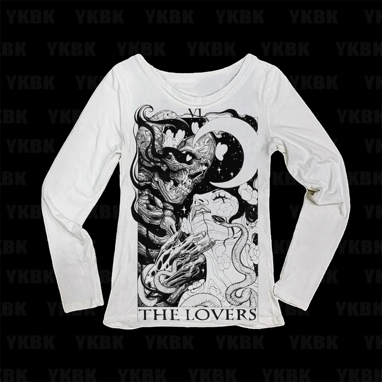 The Lovers Tarot Card Skull Snake Moon Graphic Print Women Long Sleeve T‑Shirt Slim Fit Gothic Ladies Tops