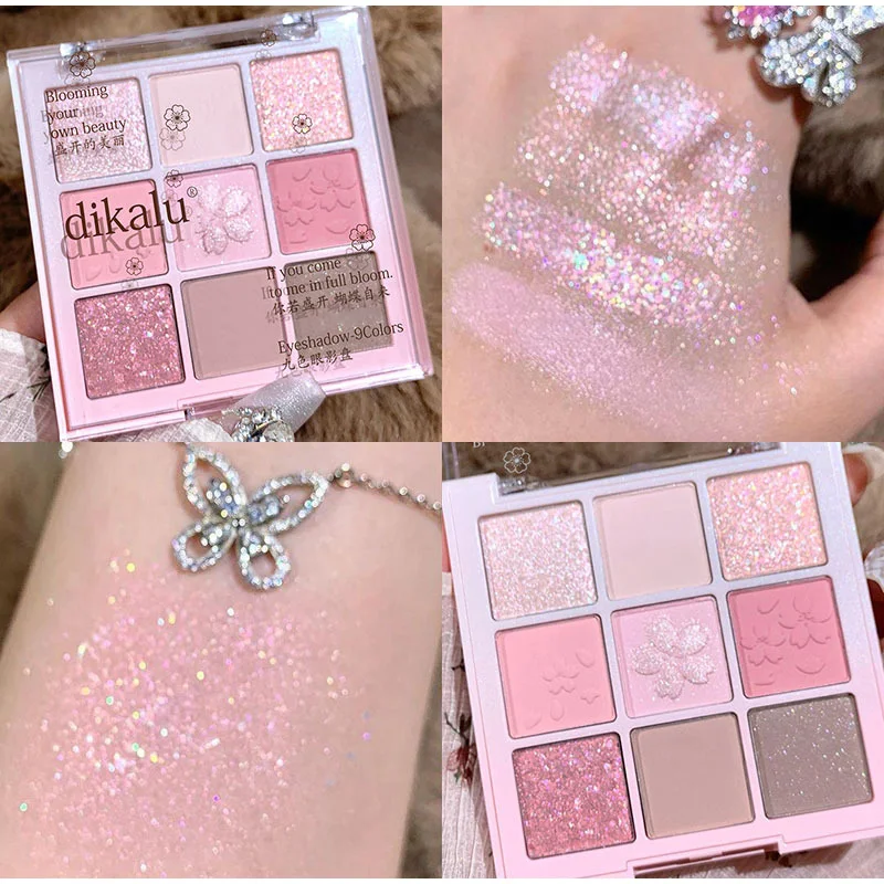 Paleta de sombra de ojos de princesa de nieve con purpurina de 9 colores, sombra de ojos nacarada Dream Girl, maquillaje ligero desnudo rosa y marrón, resalta los ojos