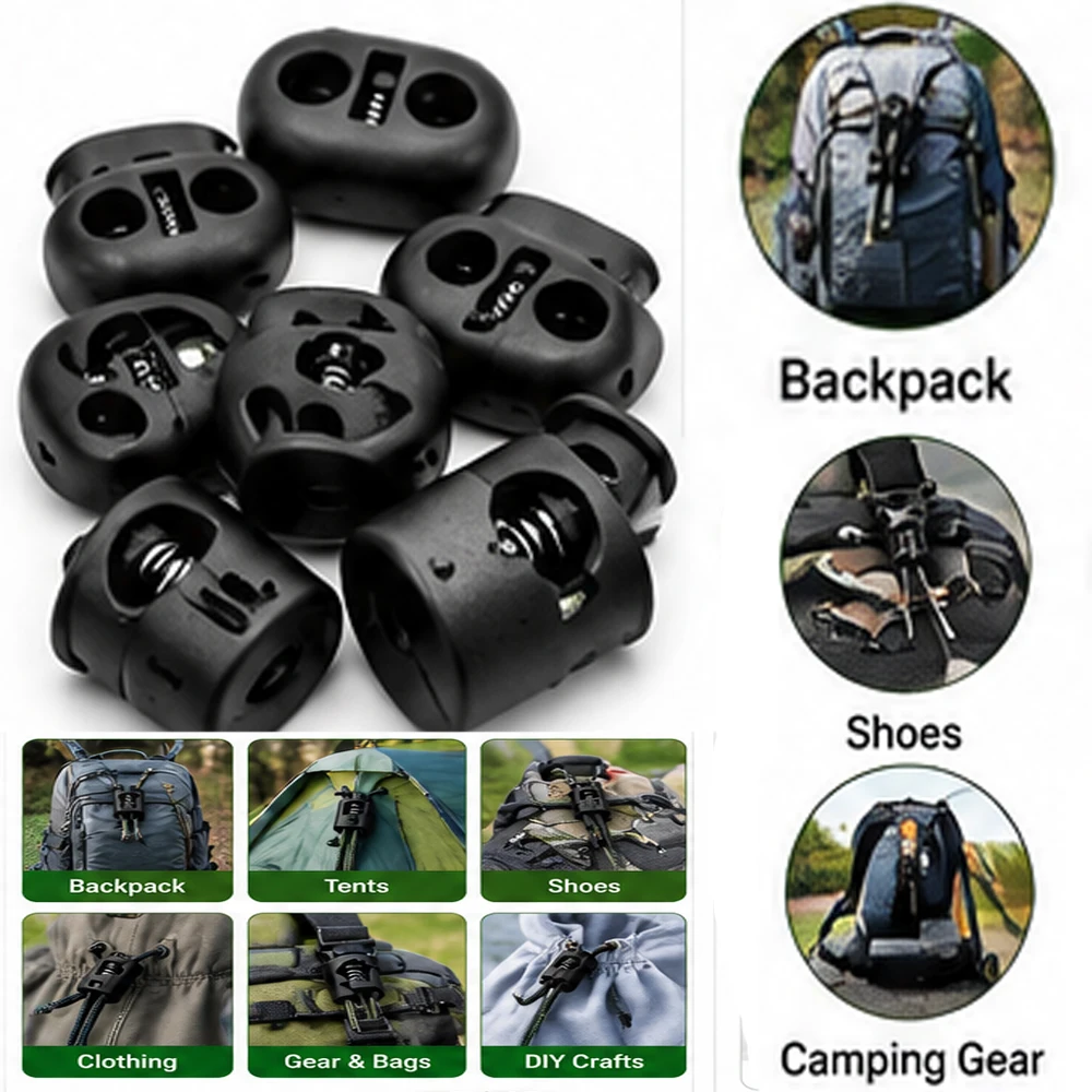 Black Plastic Cord Locks Spring Toggle Stoppers Adjustable Drawstring Fasteners Paracord Shoelaces Clothing Bags Accessories