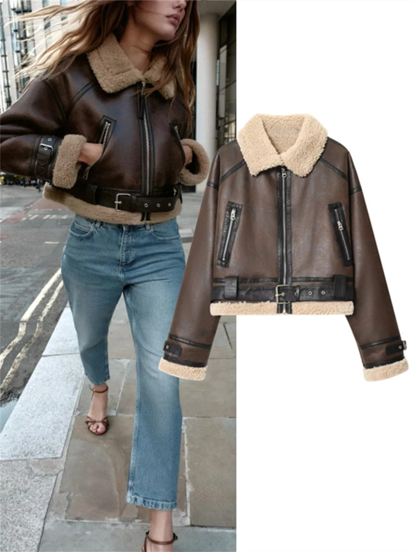 Damska kurtka ze skóry ekologicznej z podszewką, casualowa, jesienno-zimowa, nowa, elegancka odzież robocza, kurtka wierzchnia 837232