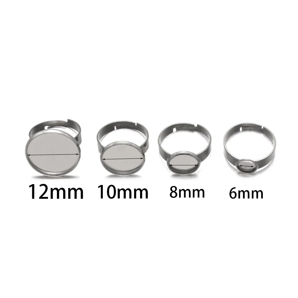 10Pcs 6/8/10/12/14/16/18/20mm Stainless Steel Adjustable Ring Glass Cabochons Setting Blank Base DIY Jewelry Making Accessories