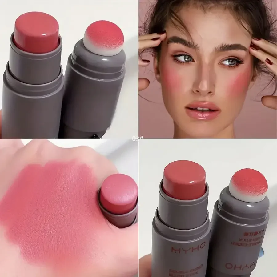 Double Head Sponge Blush Monochrome Powder Blusher Lip Cheek Dual-use Durable Matte Natural Rouge Powder Blusher Stick Makeup