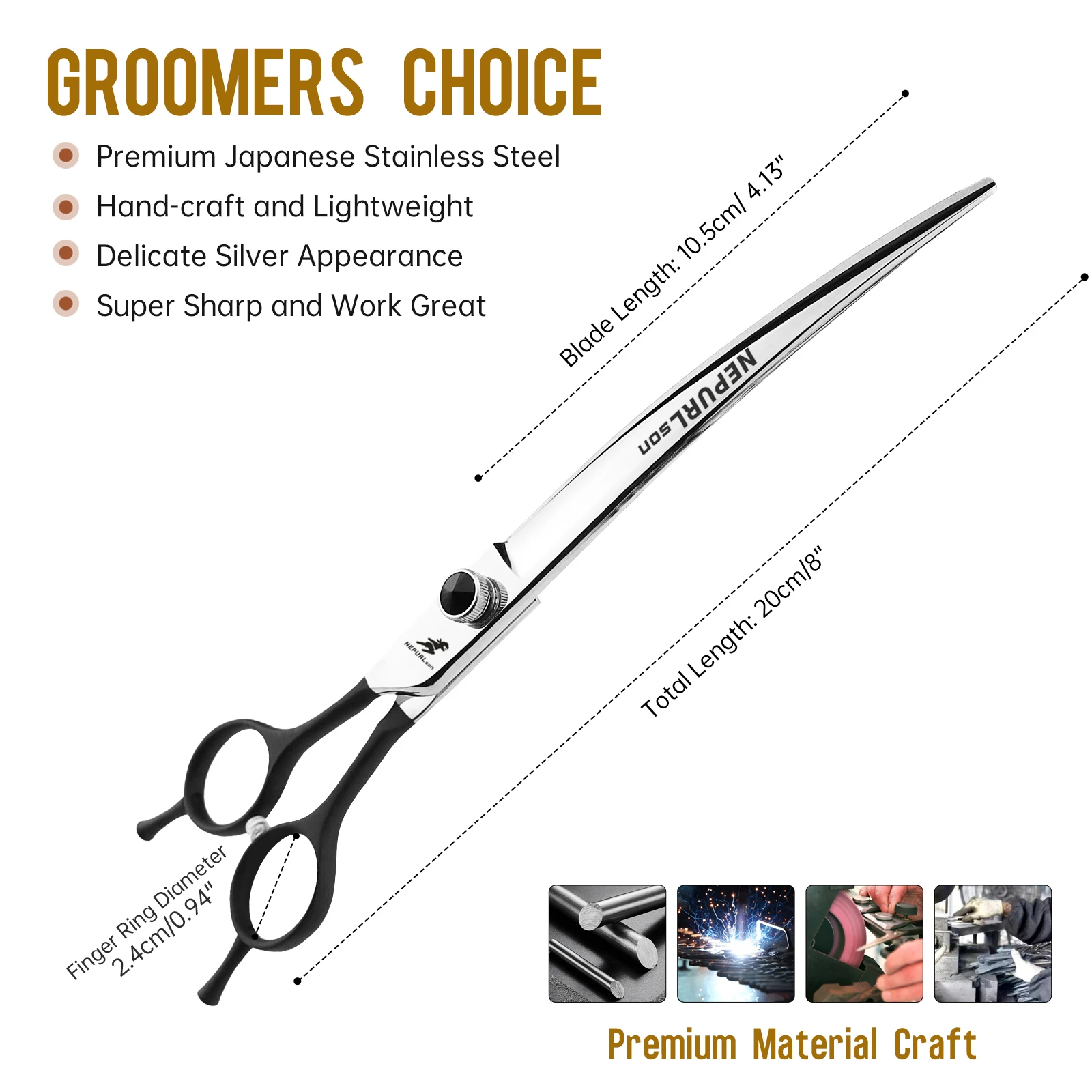 High-end 8.0inch Left Hand black elastic paint double tail handle Pet downward-curved cutting Grooming Scissors only for left