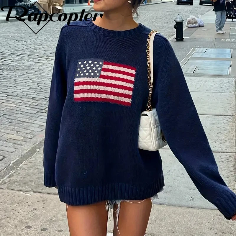 Rapcopter y2k Flag Print Sweaters Loose O Neck Full Sleeve Jumpers Autumn Winter Harajuku Casual Knitwear Pullovers Vintage 90s