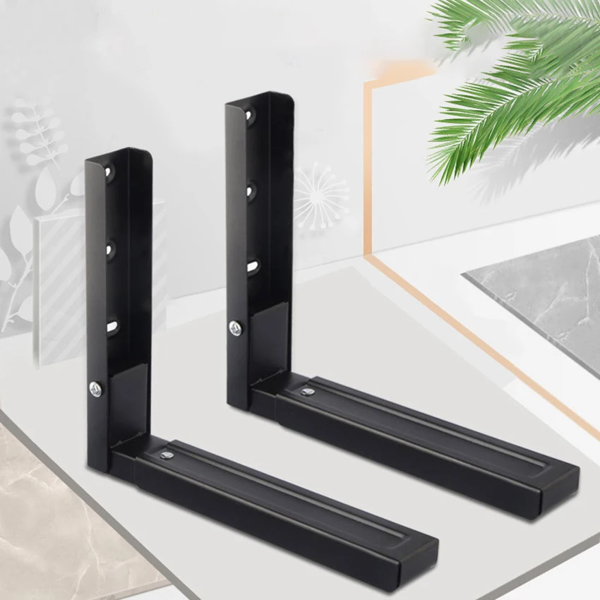 2pcs Foldable Microwave Shelf Brackets - Adjustable Wall Mount Holder for Kitchen Black White