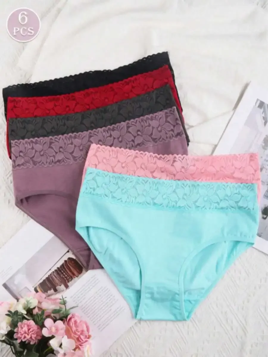 

6-Pack Womens Solid Color Mid-Rise Briefs With Lace Trim Soft Comfortable Underwear