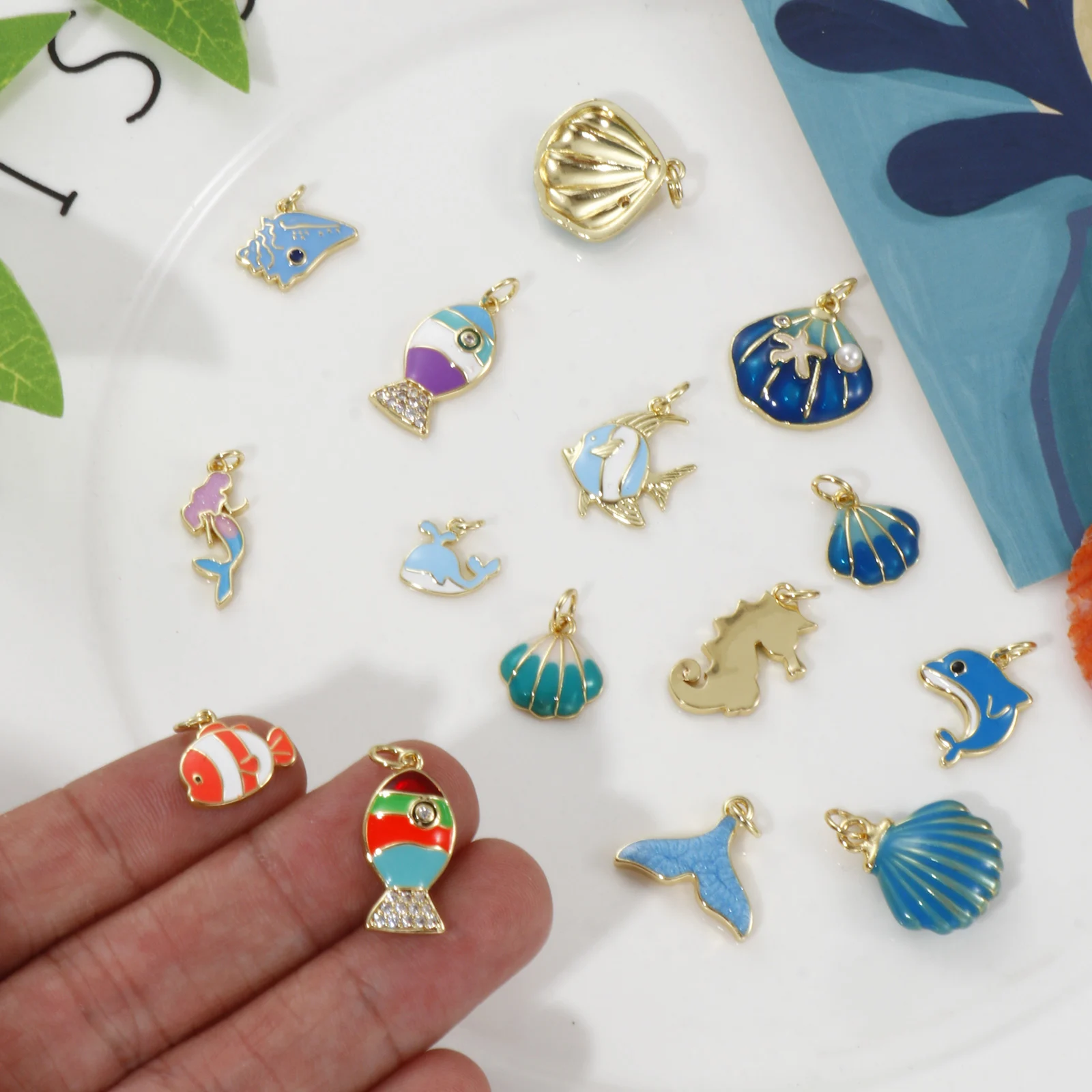 2 Piece Brass Ocean Jewelry Blue Charms 18K Real Gold Plated Enamel Fish Seahorse Dolphin Whale Conch Shell Pendant Necklace DIY