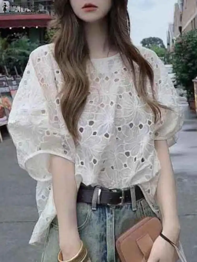 ZANZEA Women Tops Floral Patch Crochet Hollow Out Blouse Round Neck Short Puff Sleeve Sweet Shirts Solid Color Girls Smock Tops