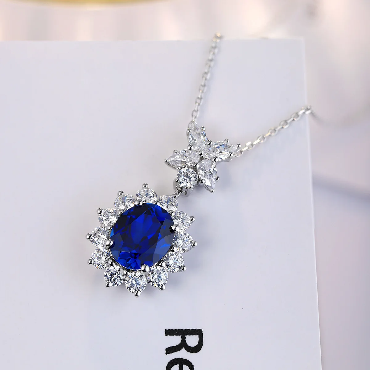 

925 Silver Lab-Grown Blue Sapphire Necklace, Royal Blue Oval 9*11mm, Cultured Gemstone Jewelry Gift