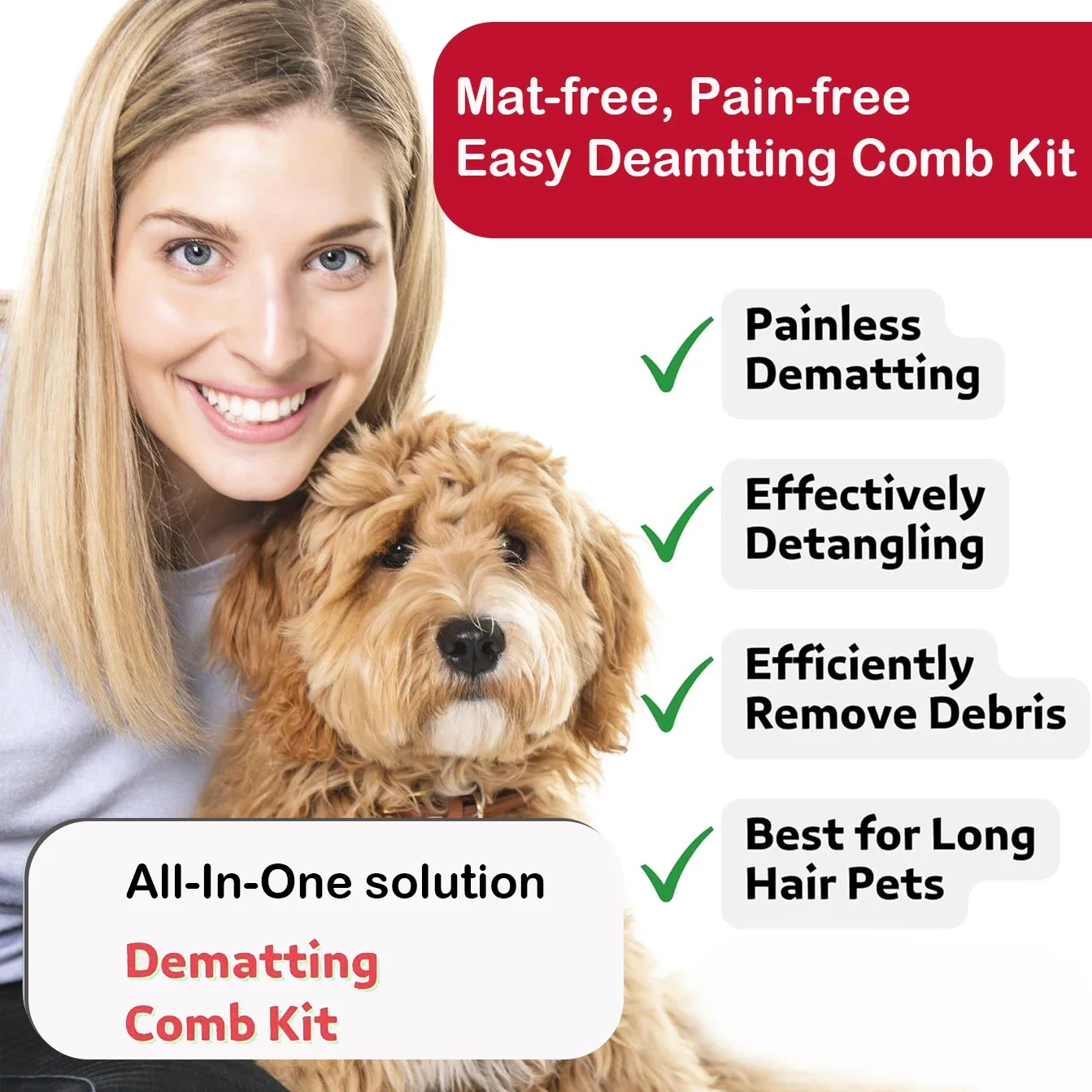 Dematting Comb Kit for Dogs & Cats, Dematting Rake & Detangling Comb Set,Grooming Dog Brush for Poodle Doodle Long Haired Pets