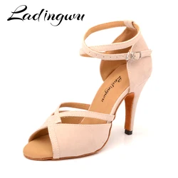 Ladingwu Hot Women Dance Shoes Latin Ballroom Dance Shoes Ladys girls Salsa Dance Shoes Beige Suede Heels 6-10cm