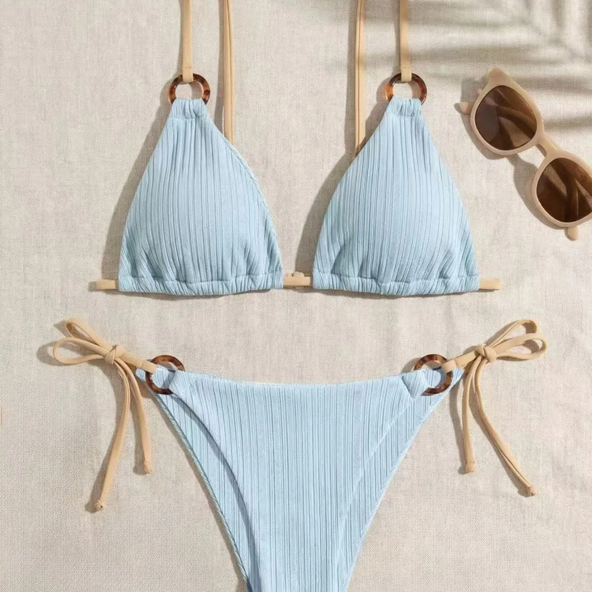 Conjunto de Bikini de Tres Piezas con Relleno para Mujer, Traje de Baño Sexy de Dos Piezas con Tirantes Finos y Aro, Color Sólido, sin Aros