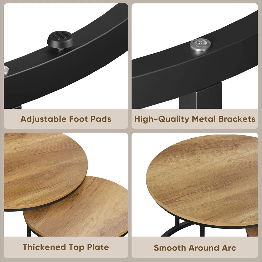 Round Wood Grain Coffee Table Set of 2 with Adjustable Feet, Industrial Style, Non-Slip Stability, Nesting End Tables