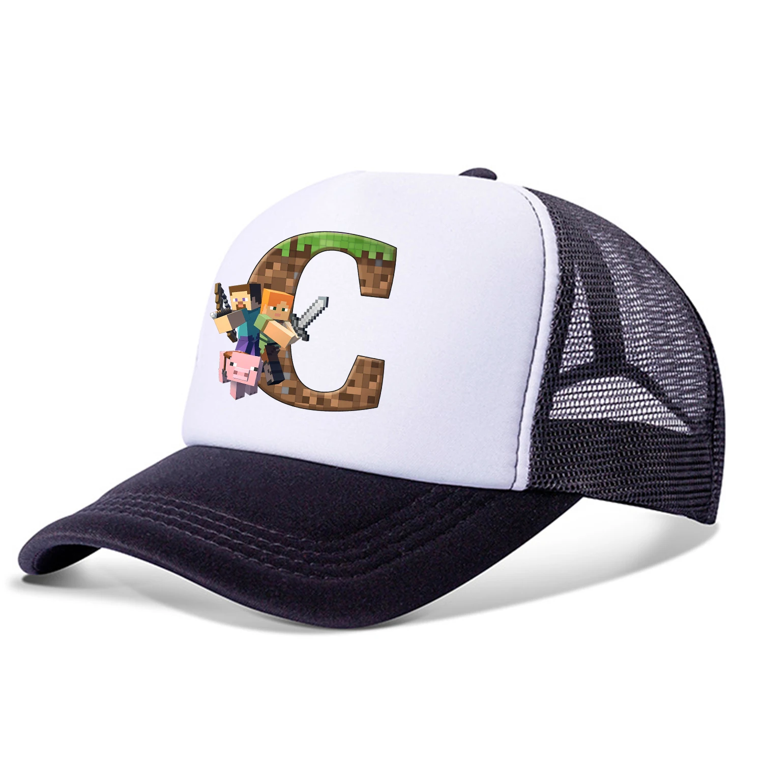جديد بكسل لعبة بلغت ذروتها قبعة الكرتون A-Z رسالة قبعات البيسبول السوداء موضة الصيف تنفس قبعة من القماش الشبكي الوالدين والطفل القبعات Peacoat