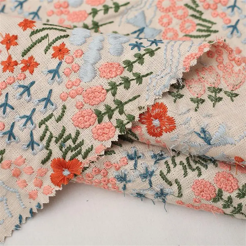 Cotton Linen Flower Embroidered Fabric Cotton Sewing Fabric Making Dress Clothing Cloth