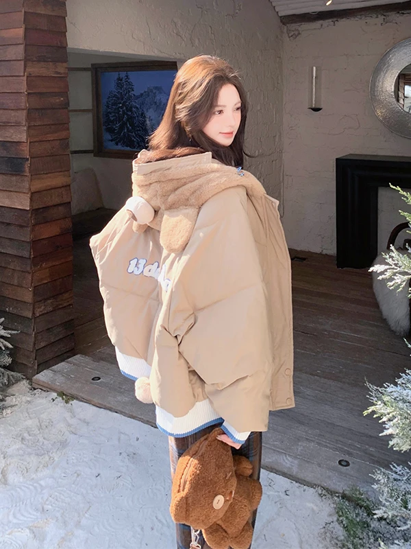 

Очаровательная женская утепленная зимняя куртка с капюшоном в виде медведя, теплая, пушистая, белая, стандартного кроя, повседневная верхняя одежда