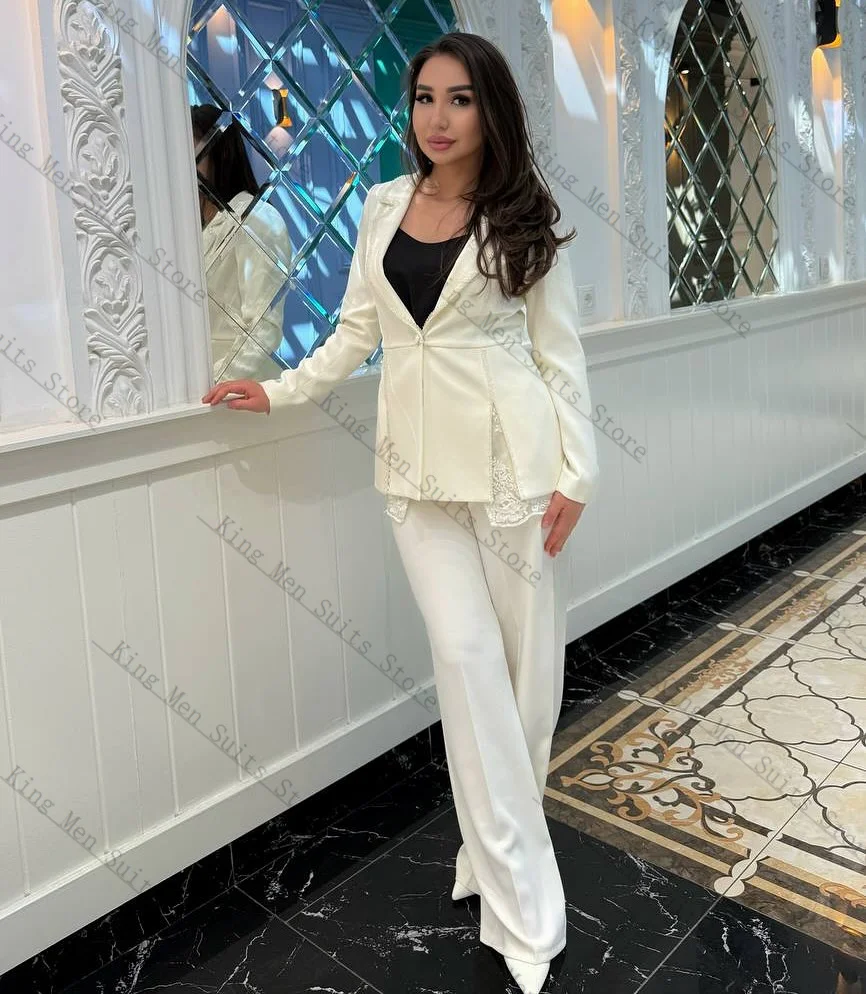 الدانتيل الأبيض المرأة البدلة مجموعة 2 قطعة السترة + السراويل السراويل القطن مخصص الخريف الخريف الرسمي ضيف الزفاف البدلات الرسمية معطف الحفلات #2