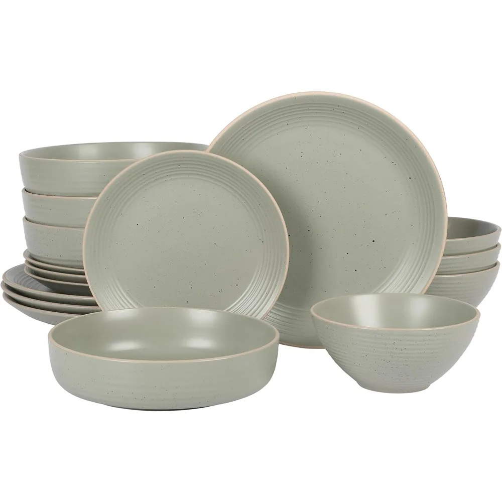 

Gibson Home Dinah Double Bowl Stoneware Embossed Speckled Dinnerware Set - Sage Green, Service for Four (16pcs)