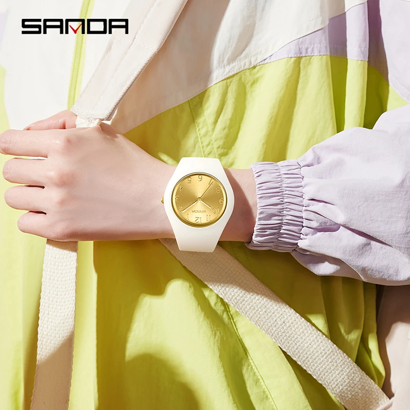 SANDA Women Watch 2024 New Casual Fashion Quartz Watch 30M Waterproof White Silicone Strap Women Clock Luxury Brand Reloj 6186