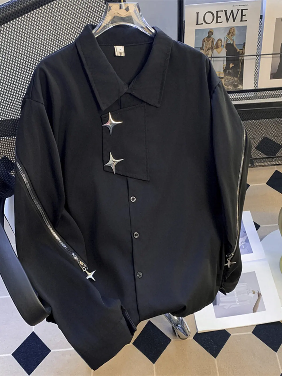 Men's Niche Metallic Zip Long Sleeve Shirt Y2K Revival Fall American High Street Edgy Loose Fit Button-Up Star Patches Chic Top