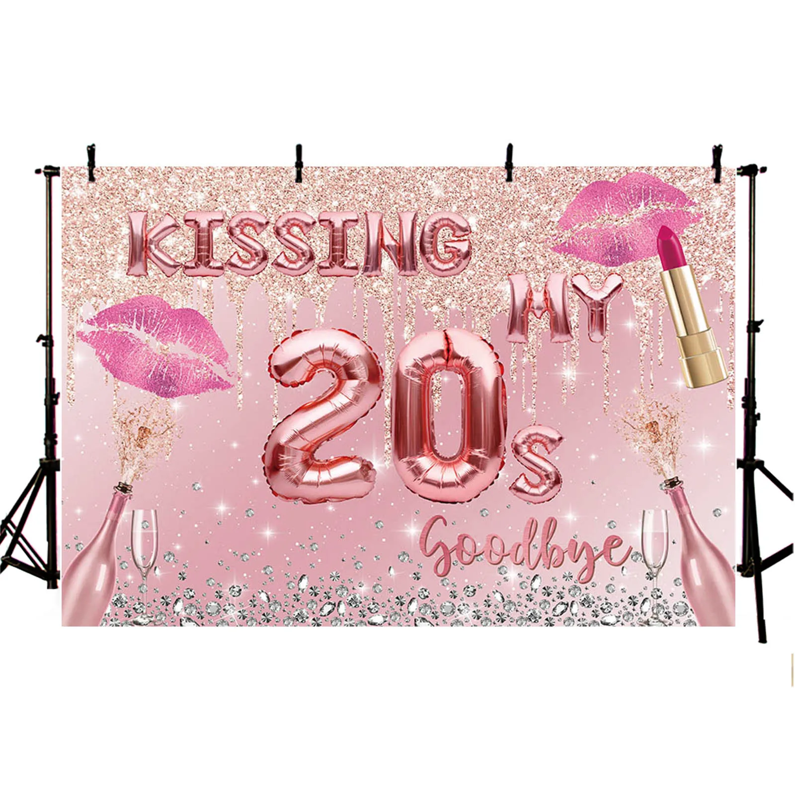 Kissing My 20s Goodbye Happy Birthday Backdrop Diamond Balloons Lipsticks Photography Background Women 30th Party Decor Banner