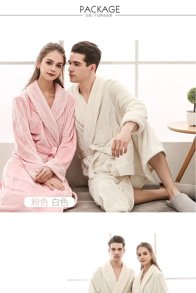 Warmer Winter-Bade- und Schlaf-Loungewear aus weichem Plüsch für Herren, stilvoller, gemütlicher, passender, langer Nerz-Fleece-Patchwork-Bademantel für Paare – Detail 5