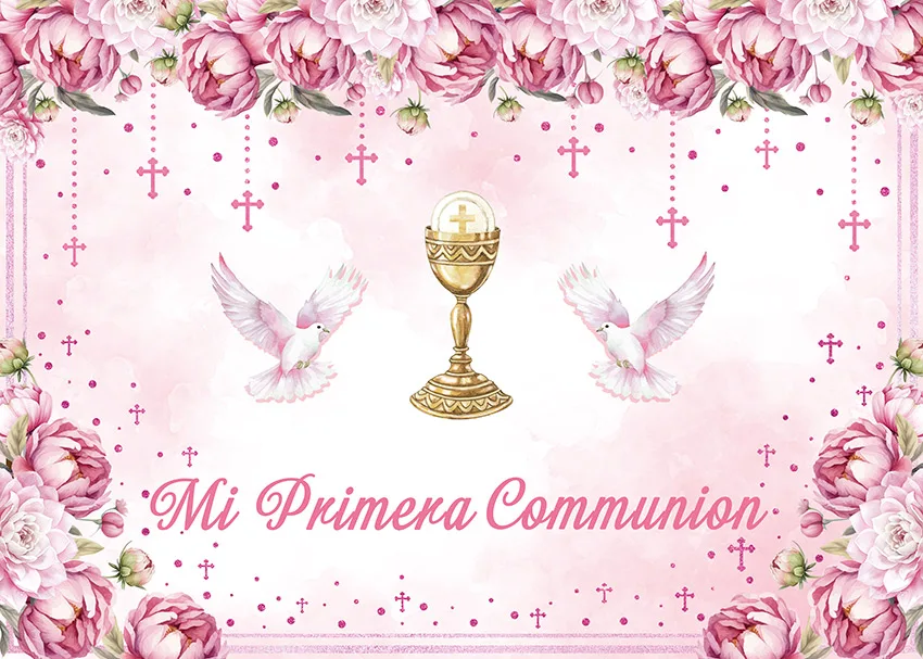 Mehofond الاطفال بالتواصل بالون خلفية الصليب الكأس المقدسة Mi Primera Comunión التصوير خلفية المعمودية الكتاب المقدس حمامة الدعامة