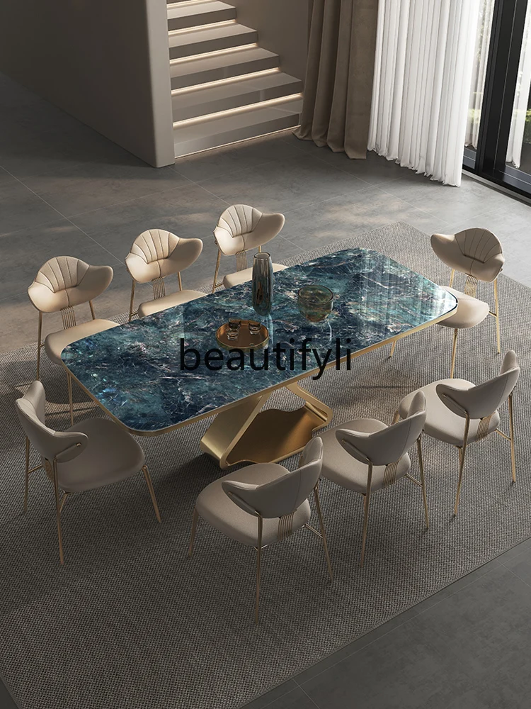 

Modern simple villa dining table combination marble pattern household high-end luxury stone rock slab dining table