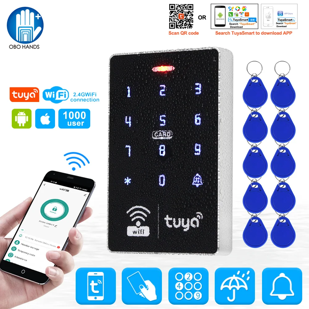 WiFi Tuya RFID Access Control Keypad Mobile APP Remote Control Unlock Door Lock Opener System 13.56MHz IP68 Waterproof Outdoor